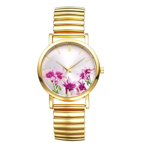 OIDEA Damen Armbanduhr Elastisch Uhr: Stilvoll Gold Edelstahl Armband Analog Quarz mit Strichmarkierung Zifferblatt mit Rosa Blumenmalerai Landhausstil Damenuhr Geschenk für Frauen Freundin von OIDEA