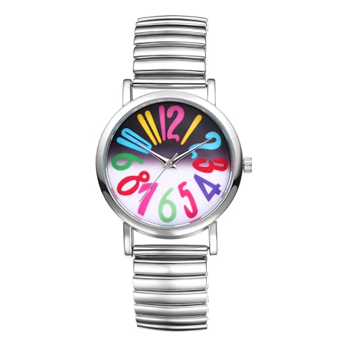 OIDEA Damen Armbanduhr Elastisch: Silber Edelstahlband Quarz Analog mit Großer Bunter Arabischen Zifferblatt 24 Stunden Minimal Damenuhr Geschenk für Frauen Mutter Freundin von OIDEA