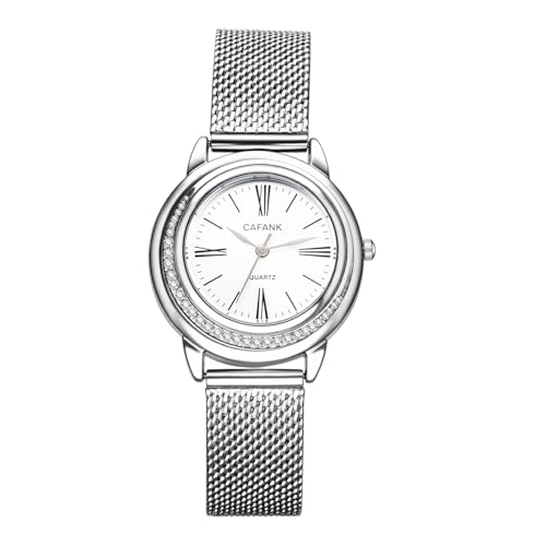 OIDEA Damen Armbanduhr Mesharmband mit Strass: Silber Netz Edelstahlband Quarz Analog Damenuhr mit Weiß Römischen Zifferblatt Minimal Elegant Geschenk für Frauen Mutter Freundin von OIDEA