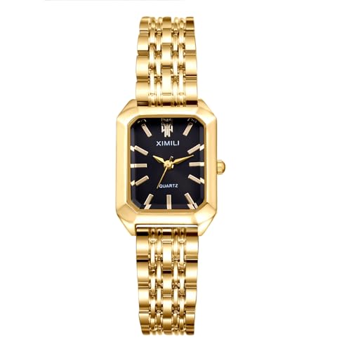 OIDEA Damen Armbanduhr Quadratisch Gold: Elegant Schwarz Zifferblatt mit Strichindex Quarz Damenuhr Gold Edelstahl Armband Gechenk für Frauen Mutter Freundin von OIDEA