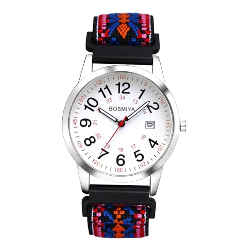 OIDEA Damen Armbanduhr aus Nylon 12/24H: Stilvoll Bunt Armband Analog Quarz mit Silber Großer Arabischer Zifferblatt Uhr Datum im 24-Stunden-Format Geschenk für Frauen Freundin von OIDEA