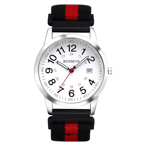OIDEA Damen Armbanduhr aus Nylon 12/24H: Stilvoll Schwarz Rot Armband Analog Quarz mit Großer Arabischer Zifferblatt Uhr Datum im 24-Stunden-Format Geschenk für Frauen Freundin von OIDEA