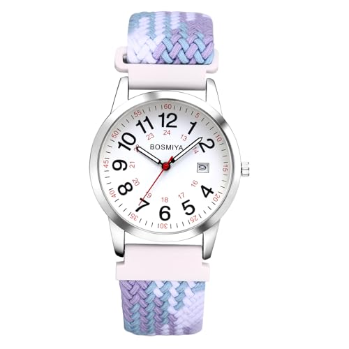 OIDEA Damen Armbanduhr aus Nylon 12/24H: Stilvoll Weiß Blau Armband Analog Quarz mit Großer Arabischer Zifferblatt Uhr Datum im 24-Stunden-Format Geschenk für Frauen Freundin von OIDEA