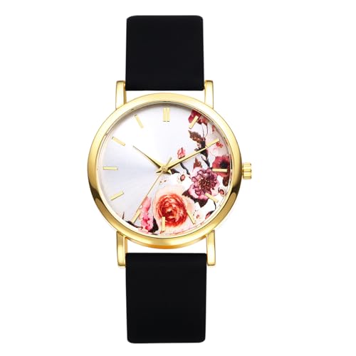 OIDEA Damen Armbanduhr aus Silikon Minimal: Schwarz Wasserdicht Sportarmband Quarz Analog Damenuhr mit Strichskala & Blumenmuster Zifferblatt Geschenk für Frauen Mutter Familie Freundin von OIDEA