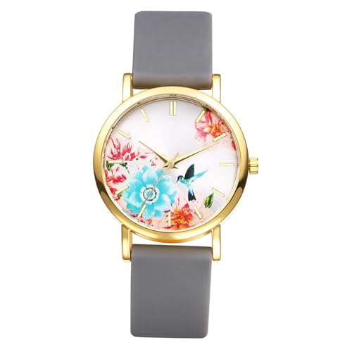 OIDEA Damen Armbanduhr aus Silikon Uhr: Stilvoll Grau Armband Analog Quarz mit Strichmarkierung Zifferblatt mit Blumenmalerai Landhausstil Damenuhr Geschenk für Frauen Freundin von OIDEA