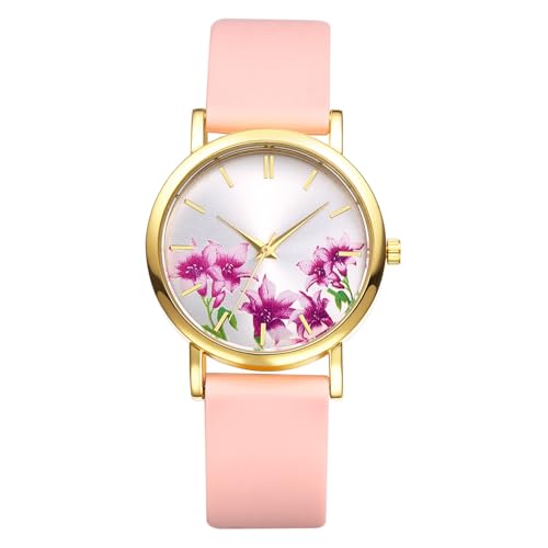 OIDEA Damen Armbanduhr aus Silikon Uhr: Stilvoll Pink Rosa Armband Analog Quarz mit Strichmarkierung Zifferblatt mit Blumenmalerai Landhausstil Damenuhr Geschenk für Frauen Freundin von OIDEA