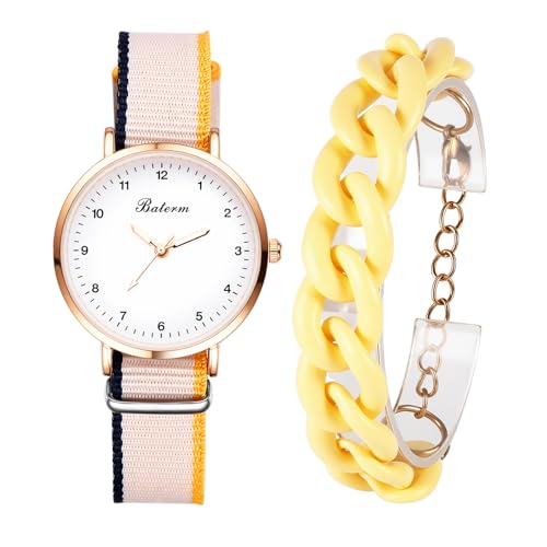 OIDEA Damen Armbanduhr mit Armkette Set: Beige Damenuhr Canvas Armband Analog Quarz mit Arabischer Zifferblatt Schmuckset Geschenk für Frauen Freundin Mädchen von OIDEA