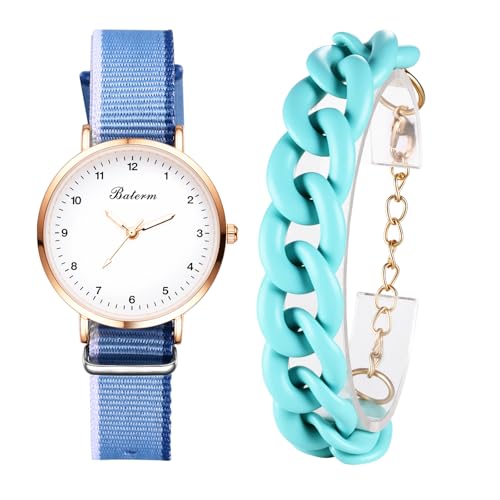 OIDEA Damen Armbanduhr mit Armkette Set: Blau Damenuhr Canvas Armband Analog Quarz mit Arabischer Zifferblatt Schmuckset Geschenk für Frauen Freundin Mädchen von OIDEA