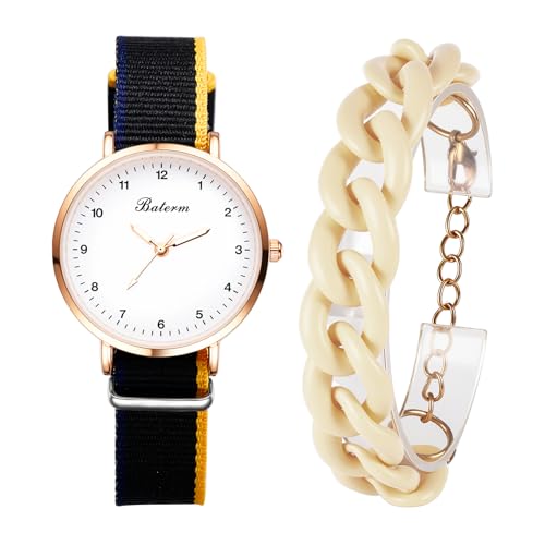 OIDEA Damen Armbanduhr mit Armkette Set: Schwarz Damenuhr Canvas Armband Analog Quarz mit Arabischer Zifferblatt Schmuckset Geschenk für Frauen Freundin Mädchen von OIDEA