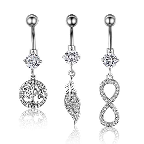 OIDEA Damen Bauchnabelpiercing Set Edelstahl: 3 Stück Silber Chirurgenstahl Zirkonia Lebensbaum Blätter Infinity Unendlichkeit Zeichen Anhänger Bauchpiercing Geschenk für Frauen Mädchen von OIDEA