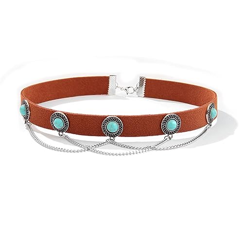 OIDEA Damen Choker Boho Halsband: Braun Rot Halskette mit Türkis Strass & Quaste aus Samt Schmal Boho Retro Vintage Schmuck Geschenk für Frauen Mädchen von OIDEA