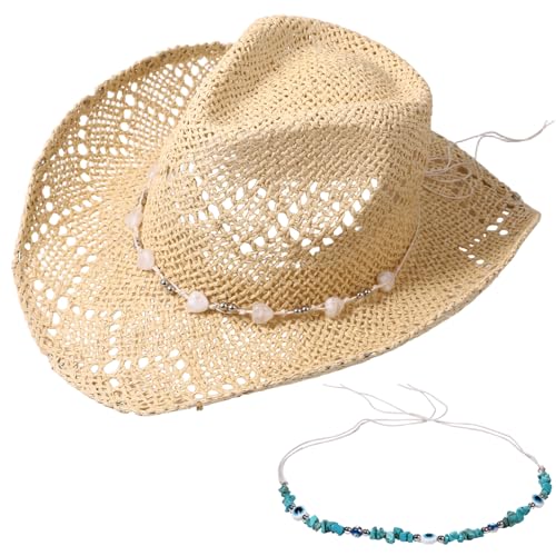 OIDEA Damen Cowboy Hüte Boho: Beige Cowboyhut Strohhut Unisex Sommer Strandhut Panama Hut Faltbar Sonnenhut Westernhut Hippie Hut für Frauen Mädchen Männer mit 2 Hutketten von OIDEA