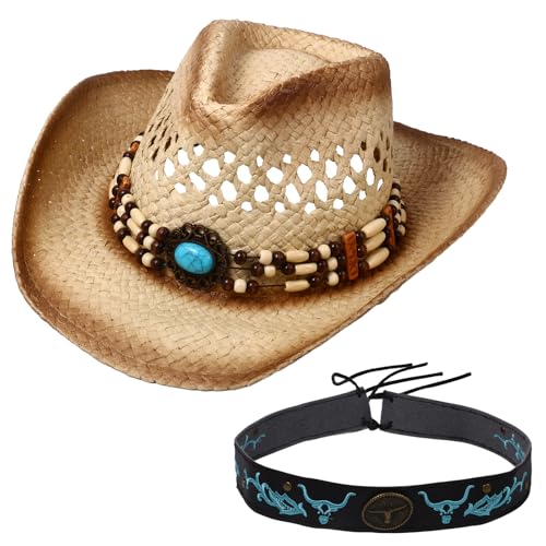 OIDEA Damen Cowboy Hüte Boho: Beigeverlauf Cowboyhut Strohhut Unisex Sommer Strandhut Panama Hut Faltbar Sonnenhut Westernhut Hippie Hut für Frauen Mädchen Männer mit 2 Hutketten von OIDEA