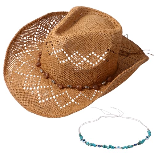 OIDEA Damen Cowboy Hüte Boho: Kaki Braun Cowboyhut Strohhut Unisex Sommer Strandhut Panama Hut Faltbar Sonnenhut Westernhut Hippie Hut für Frauen Mädchen Männer mit 2 Hutketten von OIDEA