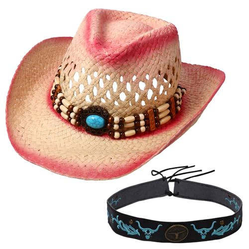OIDEA Damen Cowboy Hüte Boho: Rosaverlauf Cowboyhut Strohhut Unisex Sommer Strandhut Panama Hut Faltbar Sonnenhut Westernhut Hippie Hut für Frauen Mädchen Männer mit 2 Hutketten von OIDEA