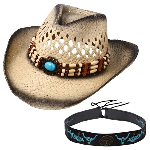 OIDEA Damen Cowboy Hüte Boho: Schwarzverlauf Cowboyhut Strohhut Unisex Sommer Strandhut Panama Hut Faltbar Sonnenhut Westernhut Hippie Hut für Frauen Mädchen Männer mit 2 Hutketten von OIDEA