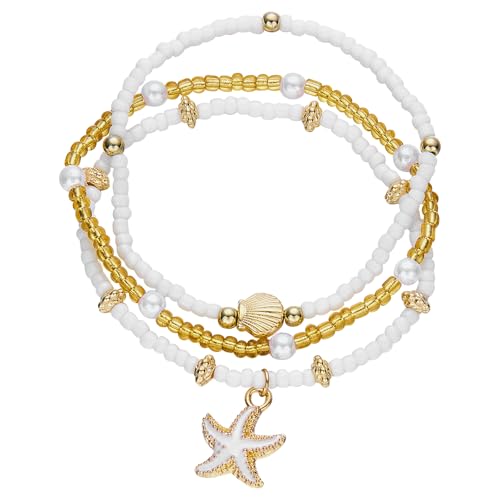 OIDEA Damen Fußkettchen Set Boho: 3 Stück Goldene Muschel Fußkette mit Sternen & Weißperlen verstellbar Fußband Hippie Schmuck Geschenk für Frauen Freundin Mädchen von OIDEA