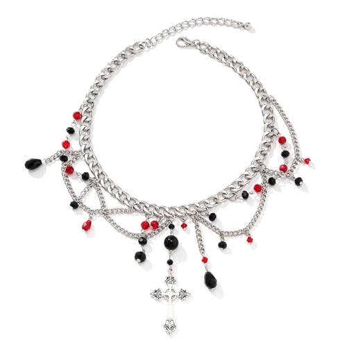 OIDEA Damen Halskette Gothic mit Kreuz: Punk Rock Design mit Tränen Anhänger Kristallperlen Strass Quaste & Edelstahl Kette für Halloween Choker Kreuzkette Geschenk für Frauen Mädchen von OIDEA
