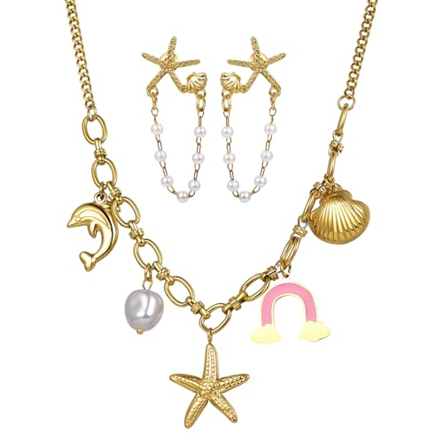 OIDEA Damen Halskette Ohrringe Set: Goldene Muschel Sternchen Delfine Anhänger mit Kette aus Edelstahl Seestern Ohrstecker mit Weiß Beads Schmuck Geschenk für Frauen Freundin Mädchen von OIDEA