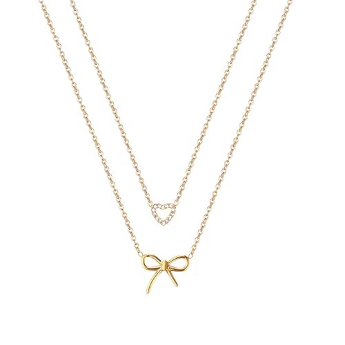 OIDEA Damen Halskette mit Herz & Schleife: Niedliche Stapelbare Herzformiger Anhänger mit Zirkonia 14K vergoldet Kette aus Edelstahl Stillvoll Geschenk für Frauen Freundin Mädchen von OIDEA