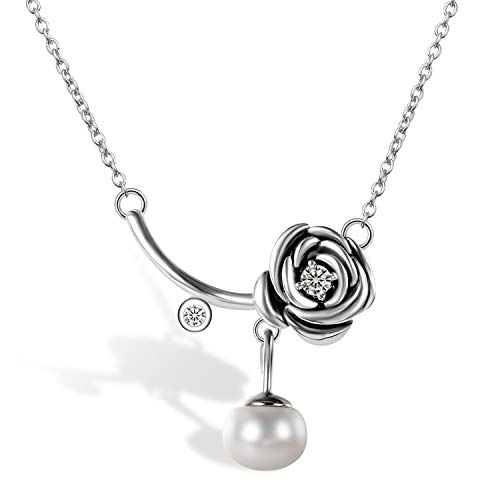 OIDEA Damen Halskette mit Perle Rose aus Silber 925: Perlenkette Elegant Kette mit Anhänger 925 Sterling Silber Damen Halsschmuck Süßwasserperle Schmuck Geschenk für Frauen Mädchen von OIDEA