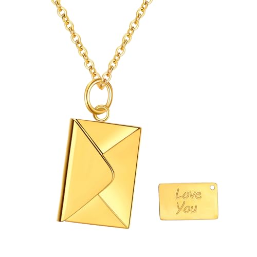 OIDEA Damen Halskette mit Umschlag Anhänger: Gold Briefumschlag Kette aus Edelstahl mit Liebesbrief Gravur Love you Personalisiert Geschenk für Freundin Mutter Frauen von OIDEA