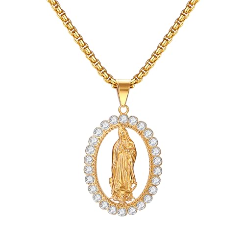 OIDEA Damen Heilige Maria Halskette: 18K Gold vergoldet Klein Mutter Gottes Oval Medaille Anhänger mit Kette aus Edelstahl Religiöse Schmuck mit Strass Geschenk für Frauen Mädchen von OIDEA