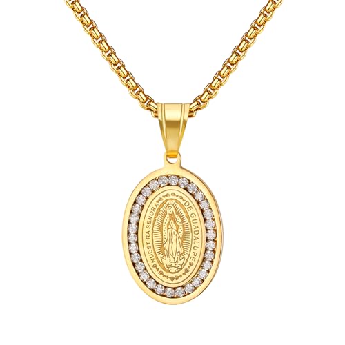 OIDEA Damen Heilige Maria Halskette: 18K Gold vergoldet Mutter Gottes Oval Medaille Anhänger mit Kette aus Edelstahl Religiöse Schmuck Gottesmutter mit Strass Geschenk für Frauen Mädchen von OIDEA