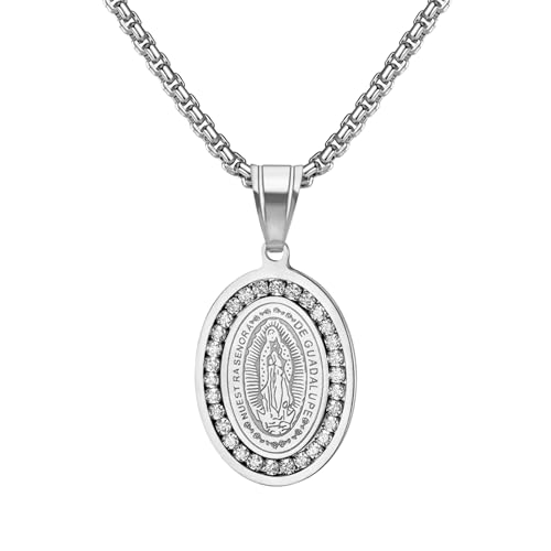 OIDEA Damen Heilige Maria Halskette: Silber Mutter Gottes Oval Medaille Anhänger mit Kette aus Edelstahl Religiöse Schmuck Gottesmutter mit Strass Geschenk für Frauen Mädchen von OIDEA