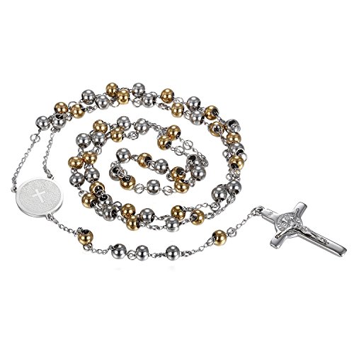 OIDEA Herren Damen Rosenkranz Halskette: unisex Kreuzkette aus Edelstahl mit Jesus Christus Kruzifix Kreuz Anhänger Kugel Perlen Kette 75cm Y-Kette Gold Silber Geschenk für Männer Frauen von OIDEA