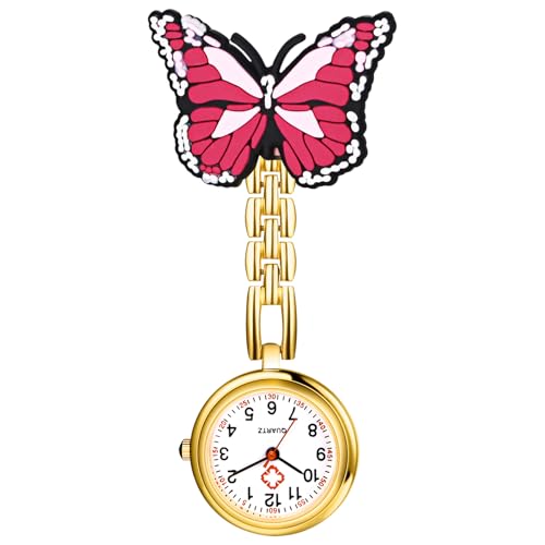 OIDEA Damen Krankenschwesternuhr Armbanduhr mit Schmetterling: Rosenrot Schwesternuhr Analog Quarz mit Arabischer Zifferblatt Geschenk für Krankenschwester Arzt von OIDEA