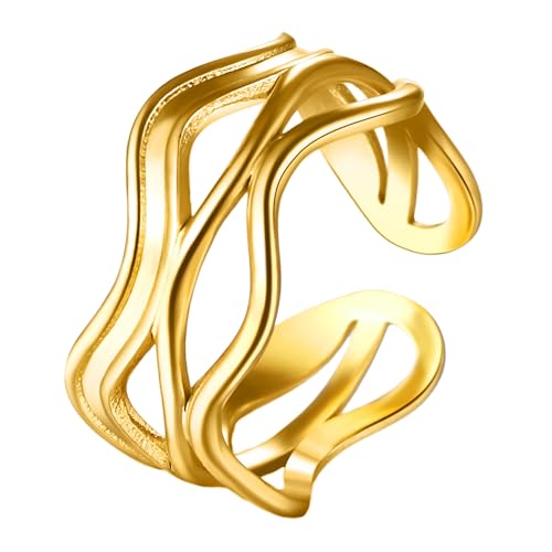 OIDEA Damen Offene Ring Gold: Goldring Offene Ring breit verstellbar Elegant unregelmäßiger hohler Muster aus Edelstahl Schmuck Geschenk für Frauen Freundin Schwester mit Samtbeutel von OIDEA