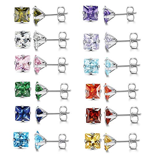 OIDEA Damen Ohrringe Ohrstecker mit Zirkonia: 12 Paare Ohrschmuck Set aus Edelstahl Rechteck CZ Zirkonia Ohr Piercing Birthstone Ohrstecker für Jugendliche Mädchen 5mm breit von OIDEA