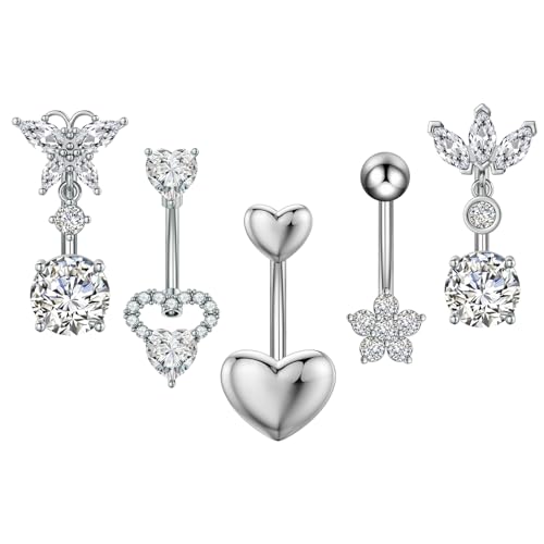 OIDEA Damen Piercing Bauchnabelpiercing mit Zirkonia: 5pcs Niedliche Herz Blume Schmetterling Anhänger in Silber Rosa mit Glitzer14G aus Edelstahl Stillvoll Geschenk für Frauen Freundin von OIDEA