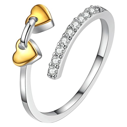 OIDEA Damen Ring Offen mit Zirkonia: Silber Damenring vergoldet Herz Verstellbar Verlobungsring Ehering Trauring mit Glitzer Stapelbar Jahrestag Geschenk für Frauen Freundin Mädchen von OIDEA