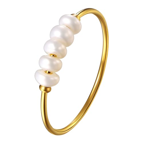 OIDEA Damen Ring aus Edelstahl mit Perlen: Perlenring Gold Ringe mit weiss Süßwasserperlen Verlobungsring Ehering Trauring Damenring Geschenk für Frauen Ringgröße 52 von OIDEA