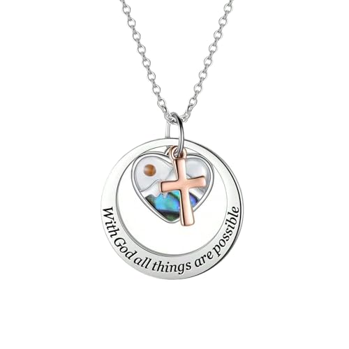 OIDEA Damen Halskette mit Senfkorn & Kreuz: Herzformiger Anhänger aus Buntem Perlmutt & Senfkorn Kette Edelstahl mit Gravur with God All Things Are Possible Christliches Geschenk für Frauen Mädchen von OIDEA