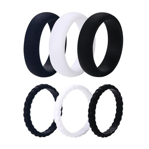OIDEA Damen Silikon Gummi Ring: 6 Stück sportlicher silikonring Set aus Silikon Cool stapelbar Verlobungsringe in Schwarz Weiß Farbe Schmuck Geschenk für Frauen Mädchen Größe 57 von OIDEA