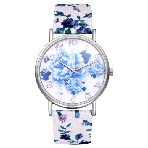 OIDEA Damen Uhren Böhmisch Armbanduhr: Blau Blumen Muster Analog Quarz mit Großem digital Zifferblatt Klare Uhr Geschenk für Frauen Mädchen von OIDEA