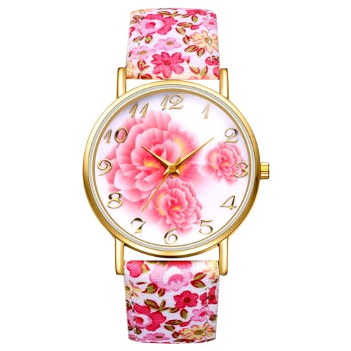OIDEA Damen Uhren Böhmisch Armbanduhr: Rosa Blumen Muster Analog Quarz mit Großem digital Zifferblatt Klare Uhr Geschenk für Frauen Mädchen von OIDEA