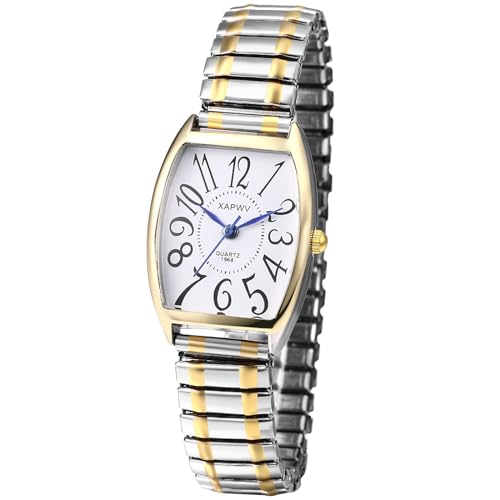 OIDEA Damenuhr Elastisch Rechteckig Armbanduhr: Silbergold Analog Quarz Uhr mit Arabischer Zifferblatt mit Edelstahl Armband Retro Geschenk für Frauen von OIDEA