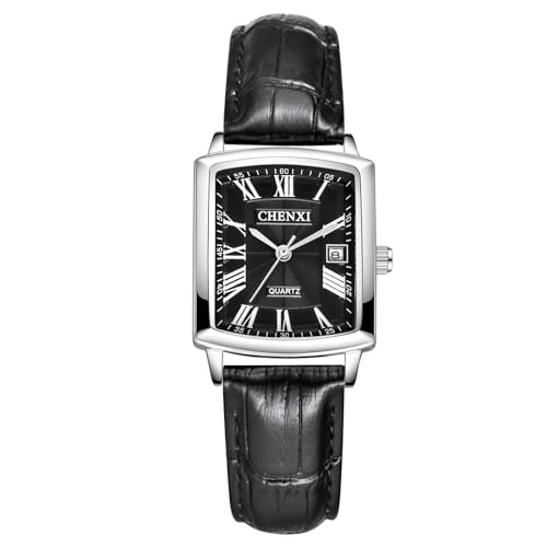 OIDEA Damen Uhren Leder Armbanduhr: Schwarz echt Leder Paar Armband Quadratisch Damenuhr Analog Quarz mit Römische Zifferblatt Datumanzeige Wasserdicht Geschenk für Frauen Freundin Schwester von OIDEA