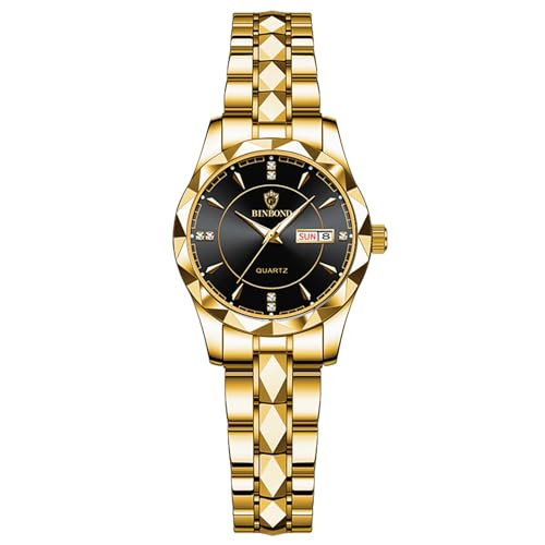 OIDEA Damen Uhren Paar Armbanduhr: Gold Armband Uhr Analog Quarz Edelstahl Wasserdicht Kalender mit Schwarz beleuchtenden Zifferblatt Geschenke für Frauen Freundin Schwester Familie von OIDEA