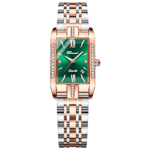 OIDEA Damen Uhren Rechteckig Armbanduhr: Grün Damenuhr Analog Quarz Uhr mit Römische Ziffern Zifferblatt Strass Kalender Beiläufige mit Metall Armband Geschenk für Frauen von OIDEA