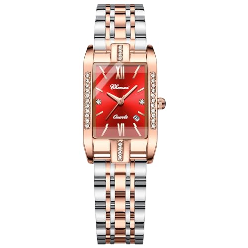 OIDEA Damen Uhren Rechteckig Armbanduhr: Rot Damenuhr Analog Quarz Uhr mit Römische Ziffern Zifferblatt Strass Kalender Beiläufige mit Metall Armband Geschenk für Frauen von OIDEA