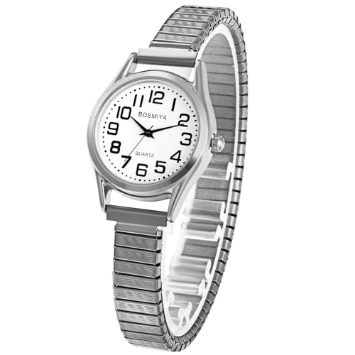 OIDEA Damen Uhren mit elastischem Armband: Silber elegant Armbanduhr mit Großem digital Zifferblatt Analog Quarz Edelstahl Klare Uhr Retro Vintage Geschenk für Frauen von OIDEA
