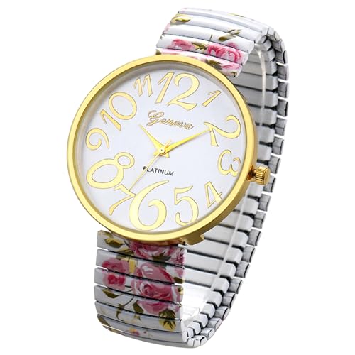 OIDEA Damen elastischer Armbanduhr Vintage: Weiß elegant Armbanduhr mit Großem digital Zifferblatt Analog Quarz Edelstahl Klare Uhr Geschenk für Frauen Mädchen von OIDEA