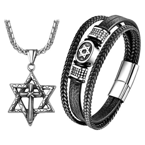 OIDEA Davidstern Armband & Halskette Set: Herren Schmuck Set Edelstahl Kette mit Davidstern Kreuz Anhänger Silber mit geflochtener Leder Armband Schwarz Geschenk für Männer Freund Familie von OIDEA