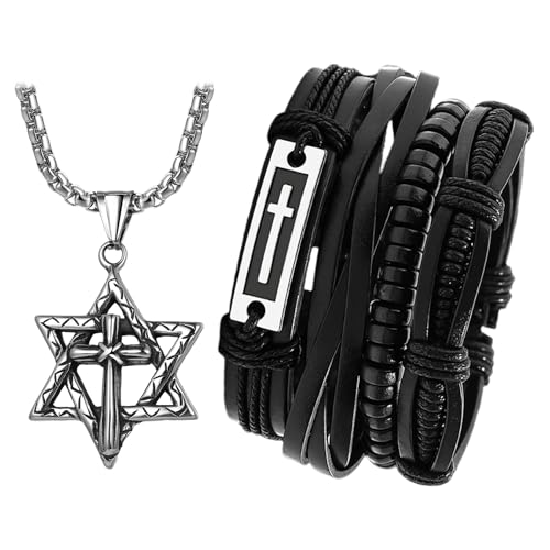 OIDEA Davidstern Kreuz Armband & Halskette: Herren Christlicher Schmuck Set Edelstahl Kette mit Davidstern Kreuz Anhänger Silber mit 3pcs geflochtener Lederband Schwarz Geschenk für Männer Freund von OIDEA