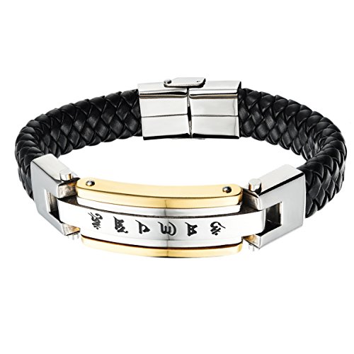OIDEA Gotik Edelstahl Leder Armband Armbänder mit Sechs Worte von Mantra Gravur für Herren Damen, schwarz Silber von OIDEA